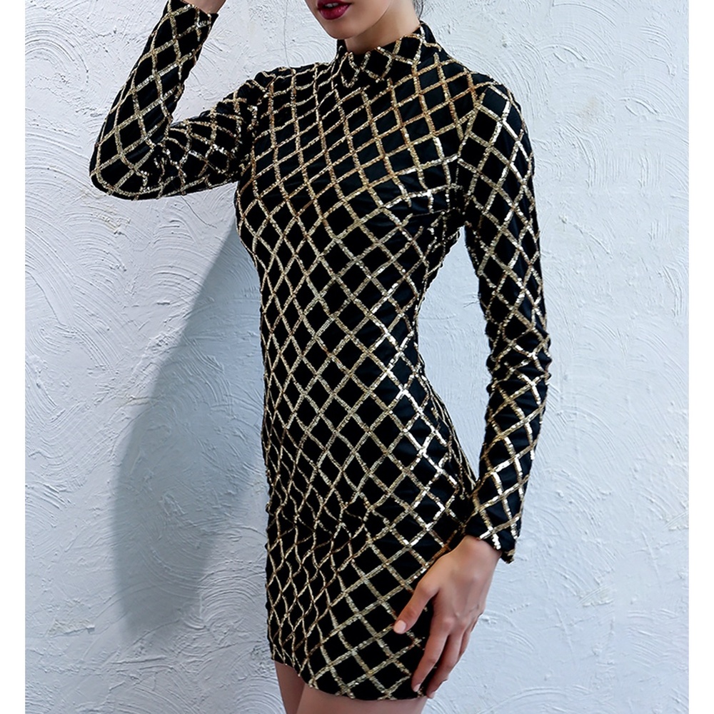 Black Gold Geo Print Sequin Bodycon Party Dress - Picture 4 of 10
